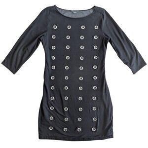 Armani Exchange Large Black Stretch Midi Length Metal Detail 3/4 Sleeve Dress